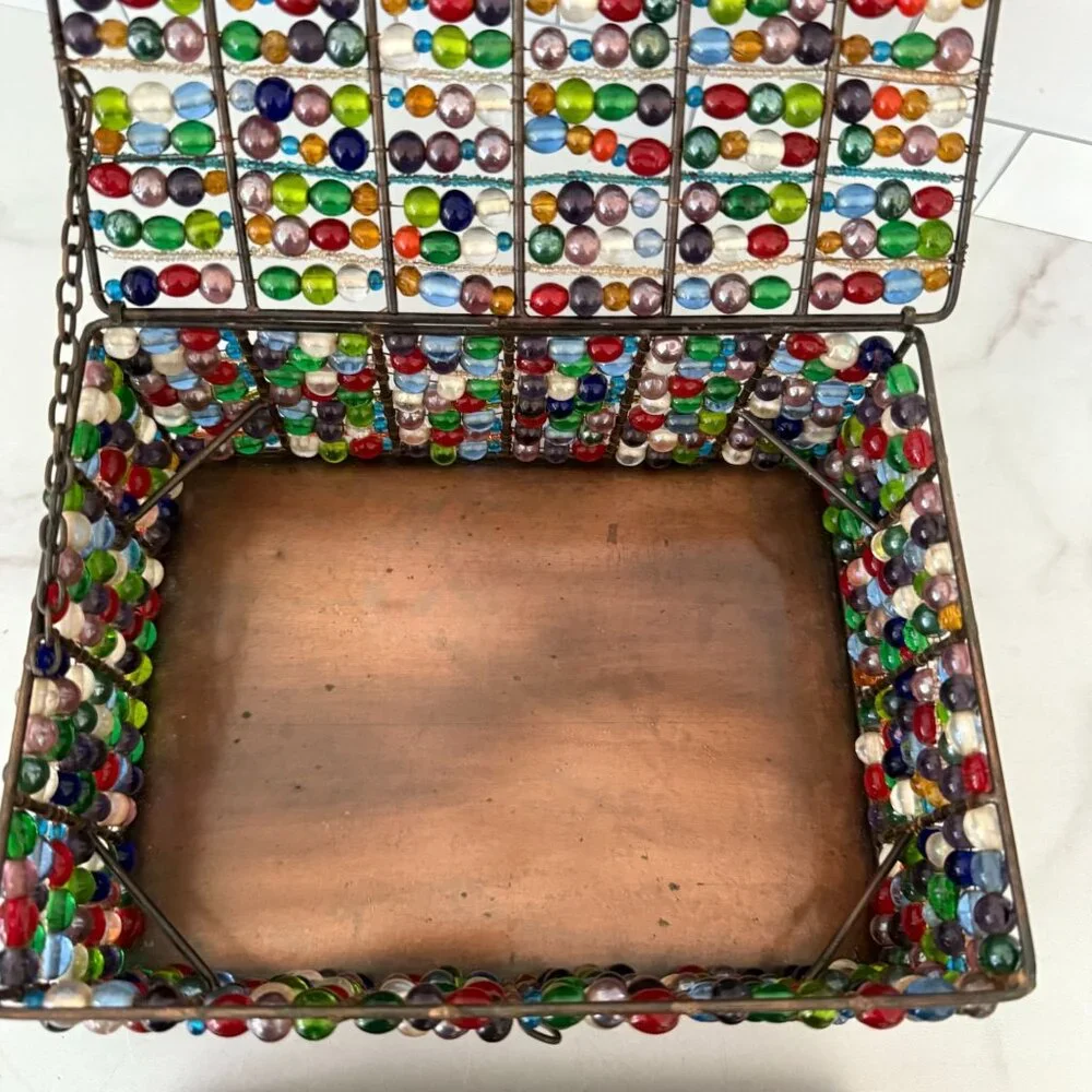 Vintage Multicolor Beaded Footed Jewelry Box Removable Copper Tray